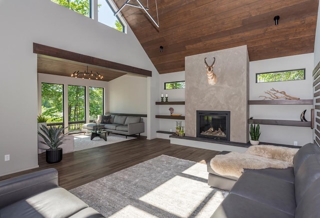 19923 See Gull Rd, Brainerd, MN 56401 - living area with wood finished floors, high vaulted ceiling, healthy amount of natural light, a skylight, and a high end fireplace