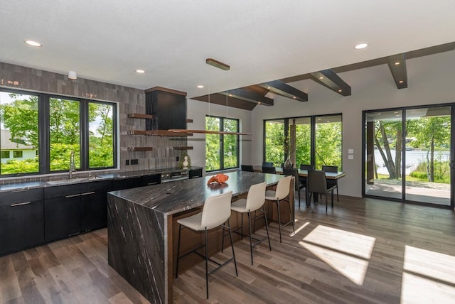 19923 See Gull Rd, Brainerd, MN 56401 - kitchen featuring a sink, a kitchen island, a breakfast bar, open shelves, and dark wood-style floors