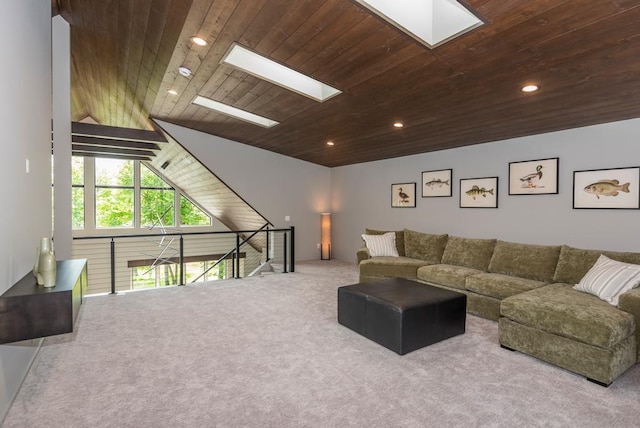 19923 See Gull Rd, Brainerd, MN 56401 - living area with a skylight, wooden ceiling, carpet flooring, recessed lighting, and lofted ceiling