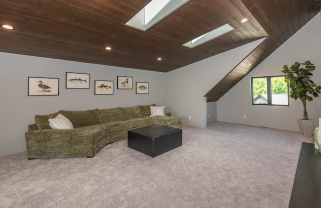 19923 See Gull Rd, Brainerd, MN 56401 - carpeted living room featuring a skylight, wooden ceiling, recessed lighting, and vaulted ceiling