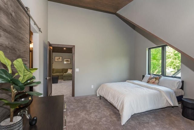 19923 See Gull Rd, Brainerd, MN 56401 - bedroom with carpet floors, lofted ceiling, a barn door, and wood ceiling