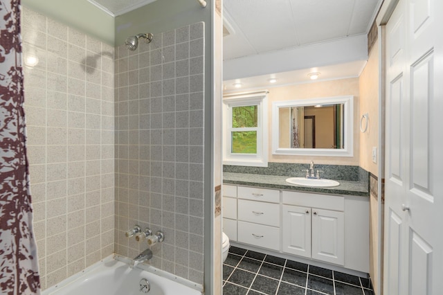 W7324 State Road 65, Trimbelle, WI 54003 - bathroom with tile patterned flooring, vanity, shower / bath combo, toilet, and crown molding