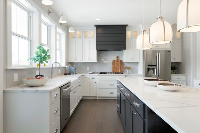 6501 Timber Arch Dr, Chaska, MN 55318 - kitchen with appliances with stainless steel finishes, exhaust hood, white cabinets, glass insert cabinets, and dark wood finished floors