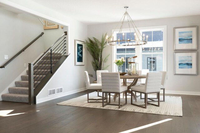 6501 Timber Arch Dr, Chaska, MN 55318 - dining area featuring a chandelier, wood finished floors, stairway, and baseboards
