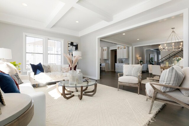 6501 Timber Arch Dr, Chaska, MN 55318 - living room with a chandelier, beam ceiling, wood finished floors, recessed lighting, and stairway