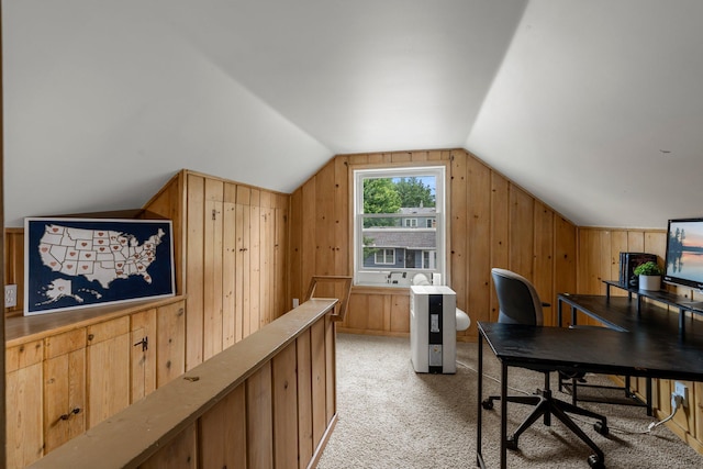 2800 Alabama Ave S, Saint Louis Park, MN 55416 - office area featuring lofted ceiling, wood walls, and light colored carpet