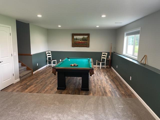 409 Iris Ln NE, Saint Joseph, MN 56374 - rec room featuring pool table, recessed lighting, baseboards, wood finished floors, and carpet floors