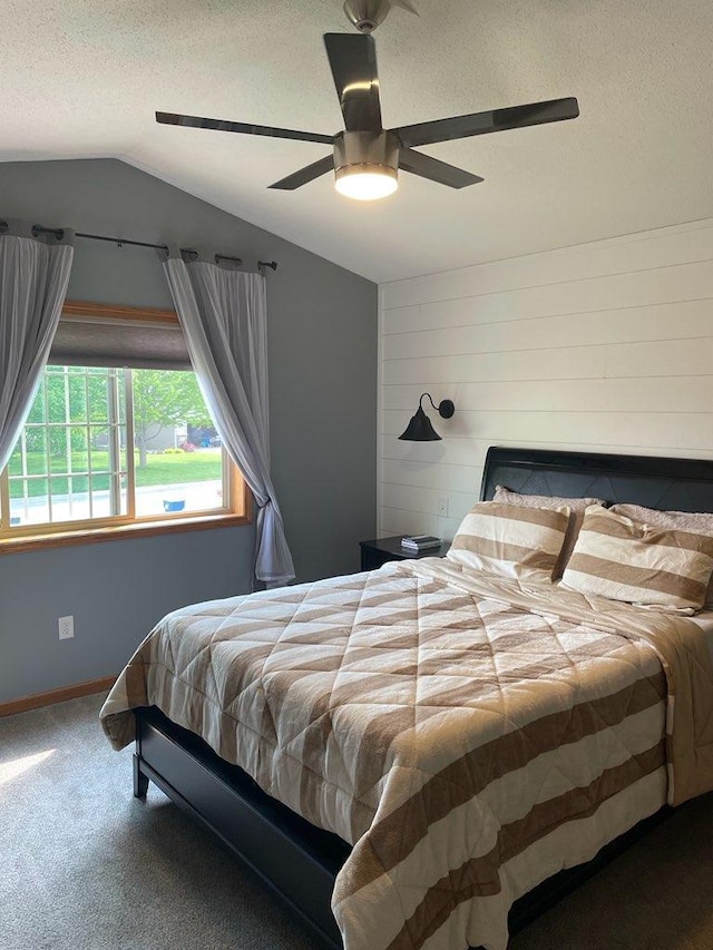 409 Iris Ln NE, Saint Joseph, MN 56374 - carpeted bedroom with lofted ceiling, a textured ceiling, ceiling fan, and baseboards