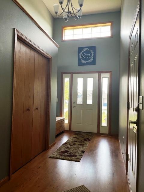 409 Iris Ln NE, Saint Joseph, MN 56374 - foyer with a chandelier, wood finished floors, and a towering ceiling