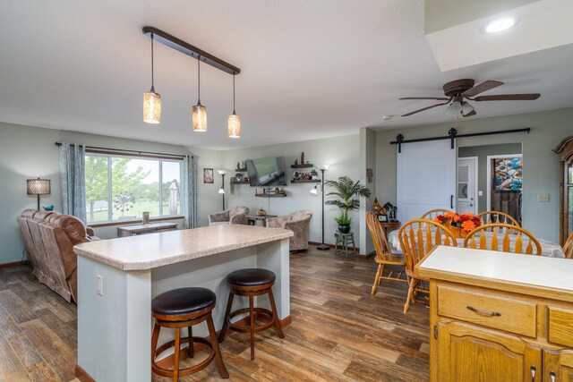 701 Mill St, Fertile, MN 56540 - kitchen featuring open floor plan, light countertops, a barn door, ceiling fan, and dark wood-style flooring