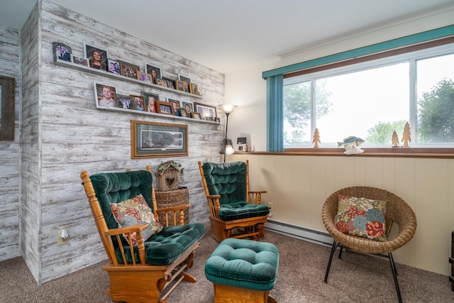 701 Mill St, Fertile, MN 56540 - living area with baseboard heating, carpet floors, and wainscoting
