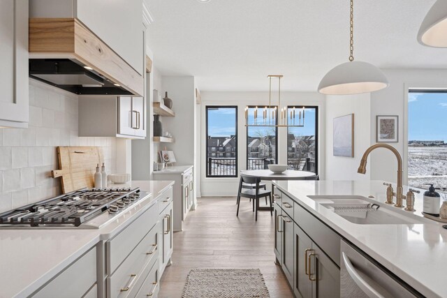10154 Peony Ln N, Maple Grove, MN 55311 - kitchen featuring custom exhaust hood, appliances with stainless steel finishes, a sink, backsplash, and decorative light fixtures