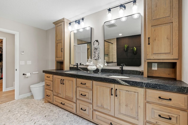 6141 Sherman Cir, Edina, MN 55436 - bathroom featuring double vanity, tiled shower, and a spacious closet