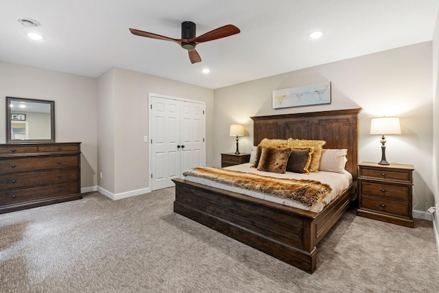 6141 Sherman Cir, Edina, MN 55436 - bedroom featuring light colored carpet, recessed lighting, ceiling fan, and a closet