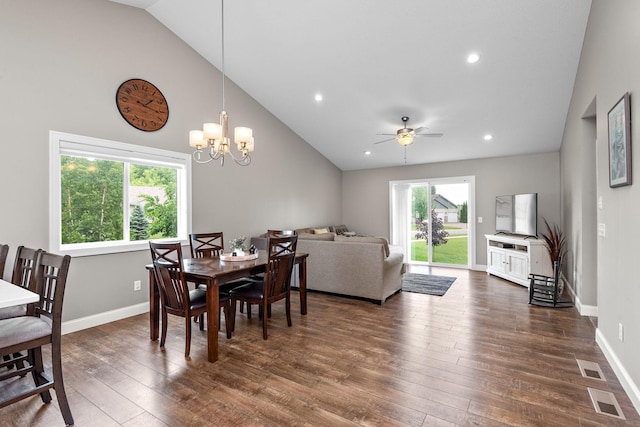 17051 Lupine Ln, Big Lake, MN 55309 - dining space featuring dark wood-type flooring, ceiling fan, baseboards, recessed lighting, and a chandelier
