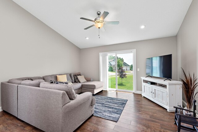 17051 Lupine Ln, Big Lake, MN 55309 - living room with ceiling fan, dark wood-style floors, vaulted ceiling, and recessed lighting