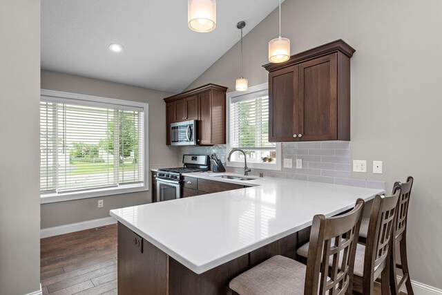 17051 Lupine Ln, Big Lake, MN 55309 - kitchen with appliances with stainless steel finishes, a sink, vaulted ceiling, decorative backsplash, and dark wood-style flooring