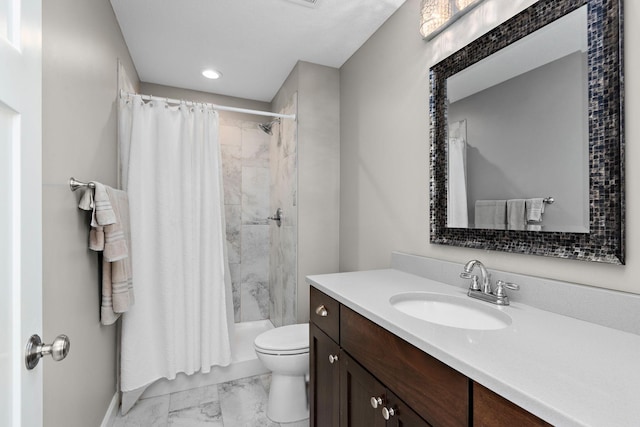 17051 Lupine Ln, Big Lake, MN 55309 - bathroom featuring marble look tile flooring, toilet, vanity, a shower with shower curtain, and recessed lighting