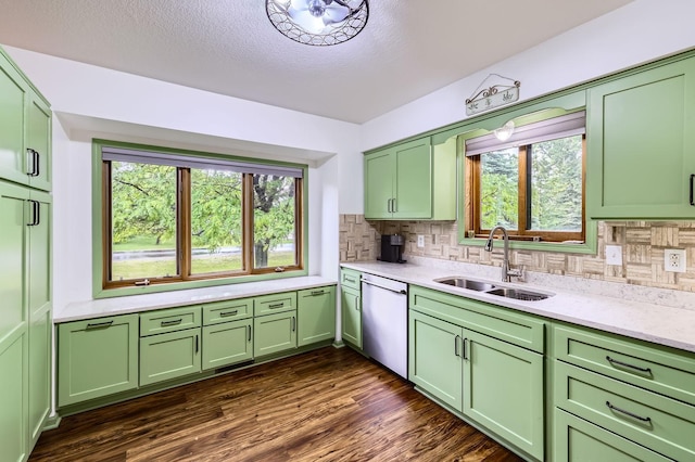 5959 373rd St, North Branch, MN 55056 - kitchen with green cabinetry, dishwasher, healthy amount of natural light, tasteful backsplash, and a textured ceiling