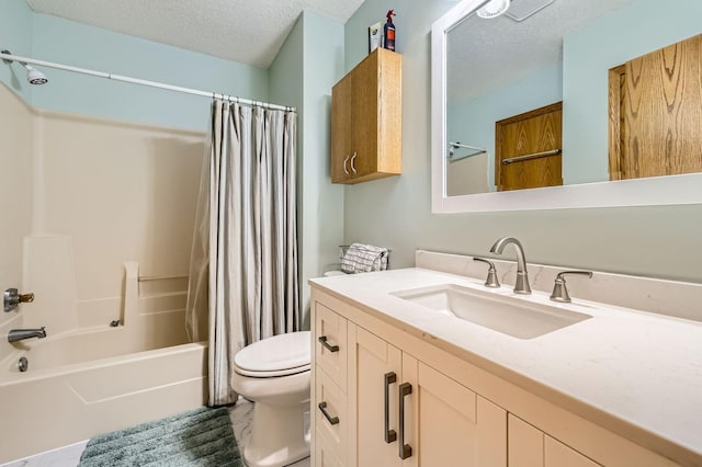 5959 373rd St, North Branch, MN 55056 - bathroom featuring a textured ceiling, vanity, and shower / bath combination with curtain