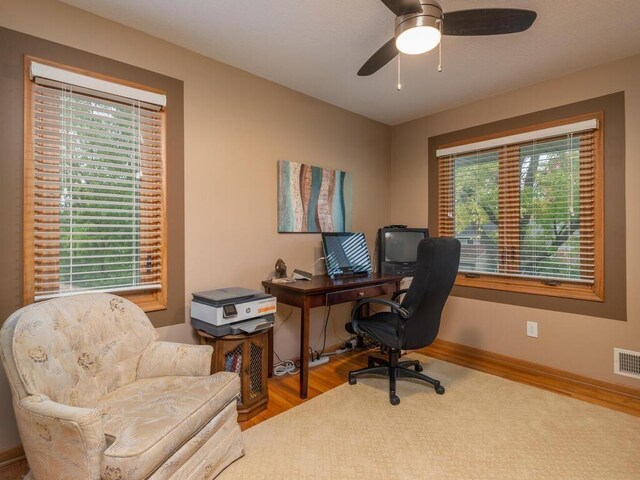 9300 23rd St, Saint Louis Park, MN 55426 - home office with healthy amount of natural light, a ceiling fan, wood finished floors, and baseboards