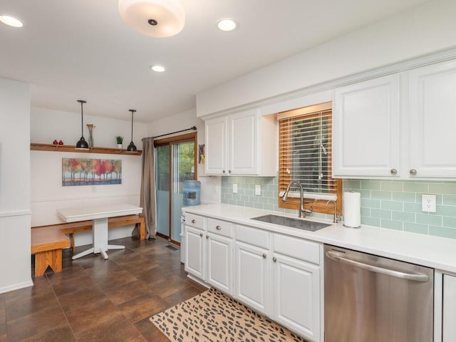 9300 23rd St, Saint Louis Park, MN 55426 - kitchen featuring dishwasher, a sink, backsplash, light countertops, and recessed lighting