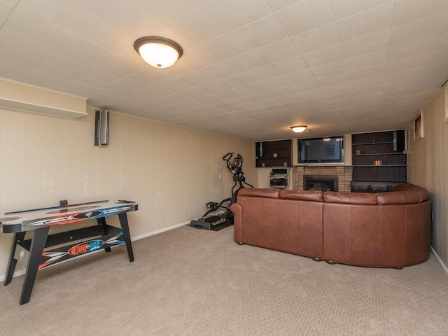 9300 23rd St, Saint Louis Park, MN 55426 - living area with a brick fireplace, carpet, and baseboards