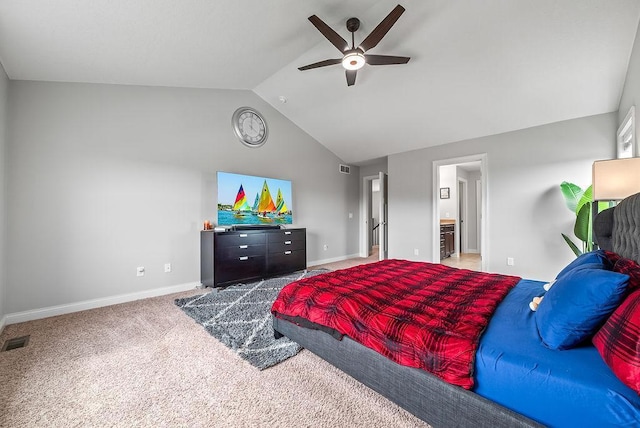 10388 188th St W, Lakeville, MN 55044 - bedroom featuring vaulted ceiling, baseboards, carpet, a ceiling fan, and connected bathroom
