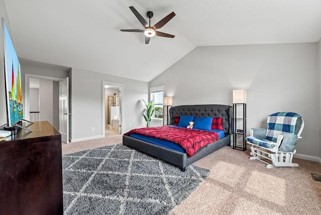 10388 188th St W, Lakeville, MN 55044 - carpeted bedroom with lofted ceiling, baseboards, a ceiling fan, and connected bathroom