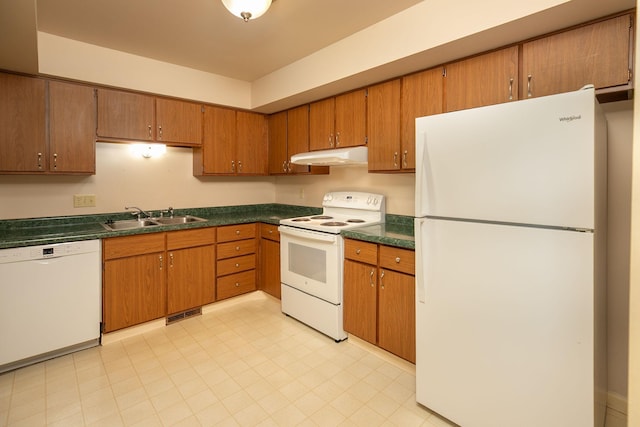 2051 Carriage Dr SW Unit 2051E, Rochester, MN 55902 - kitchen featuring white appliances, under cabinet range hood, dark countertops, and brown cabinets