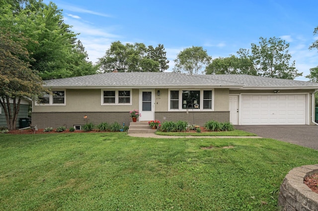 179 County Road F W, Shoreview, MN 55126 - ranch-style home with asphalt driveway, a garage, stucco siding, and a front yard