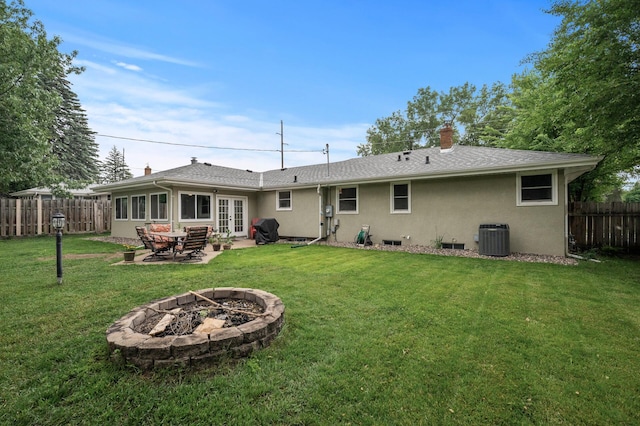 179 County Road F W, Shoreview, MN 55126 - back of house with a fire pit, french doors, a chimney, stucco siding, and a patio area