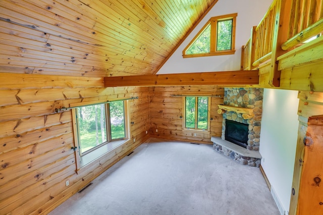 278 Vanity Dr, Shelby Twp, WI 54658 - unfurnished living room featuring carpet, a fireplace, high vaulted ceiling, wood walls, and wooden ceiling