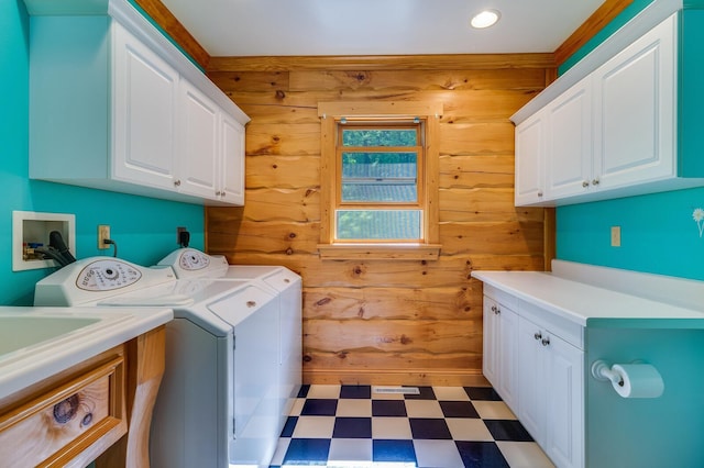 278 Vanity Dr, Shelby Twp, WI 54658 - laundry area featuring cabinet space, light floors, wooden walls, washer and dryer, and recessed lighting