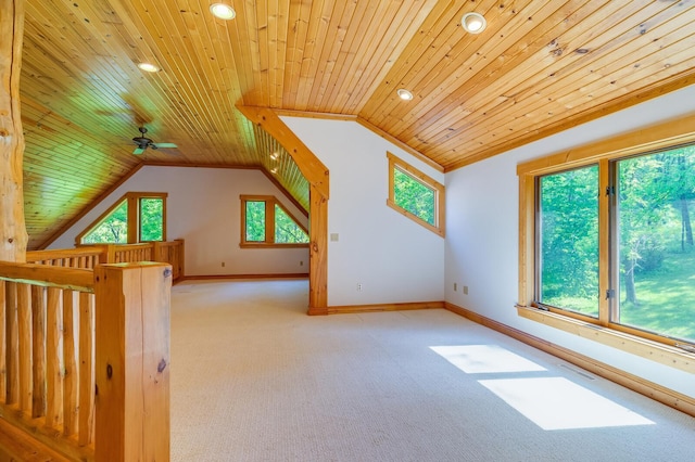 278 Vanity Dr, Shelby Twp, WI 54658 - bonus room featuring wooden ceiling, light colored carpet, recessed lighting, a ceiling fan, and vaulted ceiling