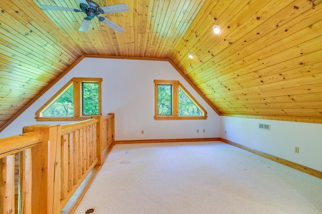278 Vanity Dr, Shelby Twp, WI 54658 - additional living space featuring carpet, a ceiling fan, wood ceiling, baseboards, and lofted ceiling