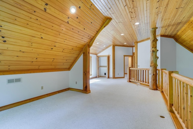 278 Vanity Dr, Shelby Twp, WI 54658 - bonus room with lofted ceiling, wooden ceiling, light colored carpet, recessed lighting, and baseboards