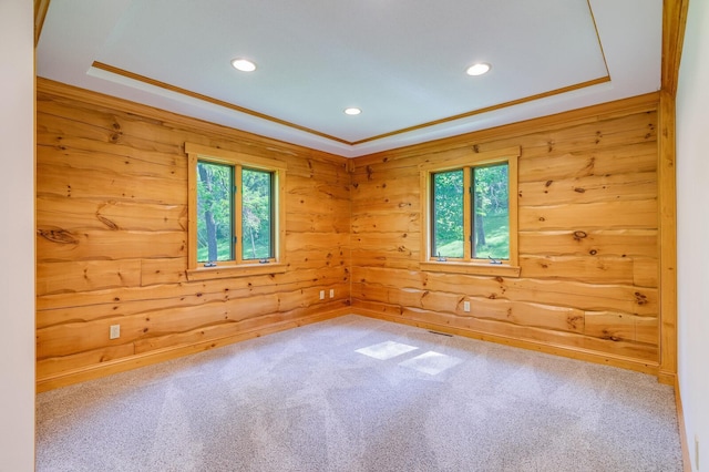 278 Vanity Dr, Shelby Twp, WI 54658 - spare room featuring healthy amount of natural light, recessed lighting, carpet flooring, wood walls, and ornamental molding