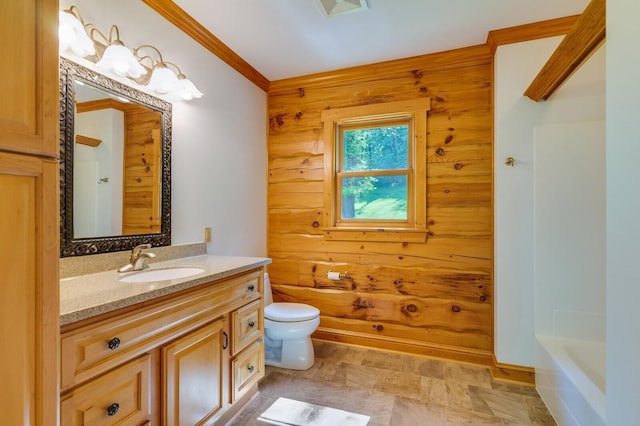 278 Vanity Dr, Shelby Twp, WI 54658 - bathroom with wood walls, vanity, toilet, crown molding, and  shower combination