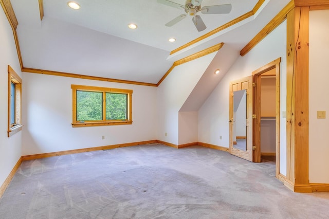 278 Vanity Dr, Shelby Twp, WI 54658 - bonus room featuring lofted ceiling, carpet flooring, baseboards, a ceiling fan, and recessed lighting