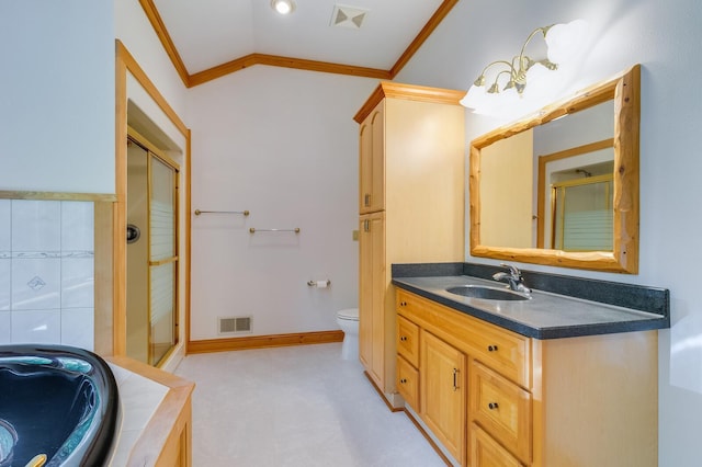 278 Vanity Dr, Shelby Twp, WI 54658 - bathroom with ornamental molding, a stall shower, vanity, vaulted ceiling, and a garden tub