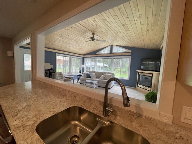 16173 Discovery Cir, Park Rapids, MN 56470 - kitchen featuring a sink, wooden ceiling, a glass covered fireplace, plenty of natural light, and lofted ceiling