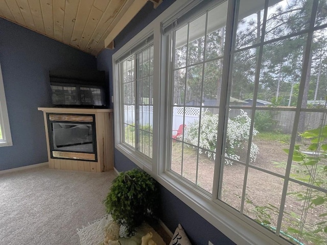 16173 Discovery Cir, Park Rapids, MN 56470 - detailed view of a glass covered fireplace, carpet flooring, wooden ceiling, and baseboards