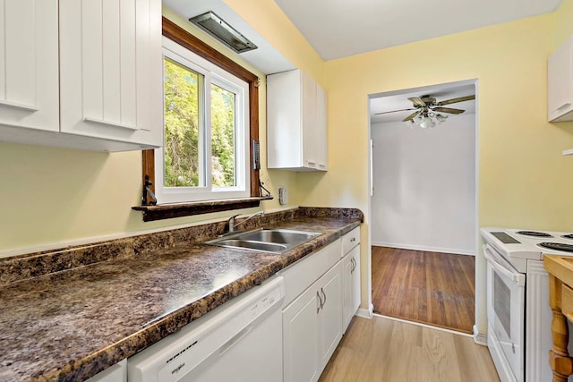 3671 Robinwood Ter, Minnetonka, MN 55305 - kitchen featuring a sink, white appliances, light wood-style floors, and white cabinetry