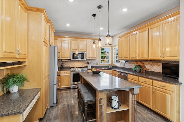 14057 Flintwood Ct, Apple Valley, MN 55124 - kitchen featuring appliances with stainless steel finishes, open shelves, dark wood-style flooring, light brown cabinets, and recessed lighting