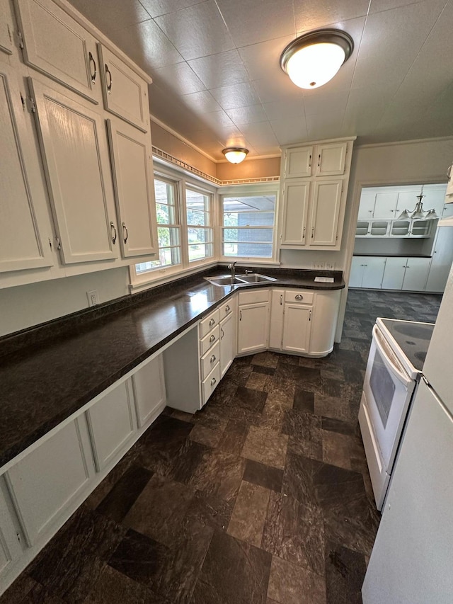 332 Pleasant Ave, Ellsworth, WI 54011 - kitchen with a sink, dark countertops, white cabinets, white electric range, and dark stone finish floors