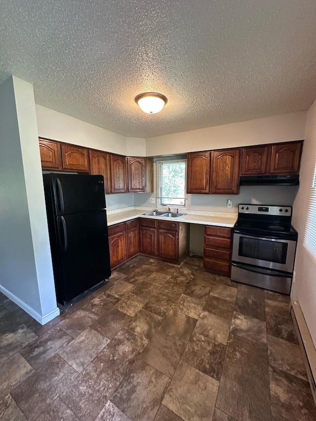 332 Pleasant Ave, Ellsworth, WI 54011 - kitchen featuring stainless steel range with electric cooktop, freestanding refrigerator, under cabinet range hood, baseboards, and a textured ceiling