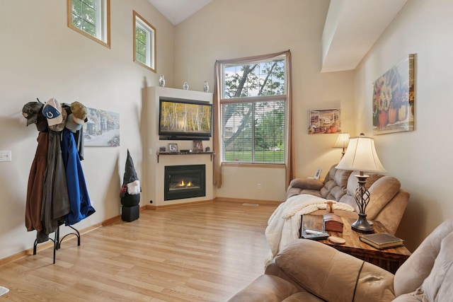 9026 Merrimac Ln N, Maple Grove, MN 55311 - living area with wood finished floors, a glass covered fireplace, baseboards, and a high ceiling