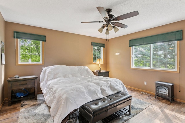 9026 Merrimac Ln N, Maple Grove, MN 55311 - bedroom featuring a wood stove, multiple windows, baseboards, and wood finished floors