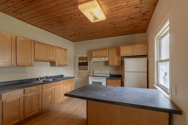 717 2nd Ave NE, Waseca, MN 56093 - kitchen with white appliances, dark countertops, wood ceiling, a sink, and light wood-style flooring